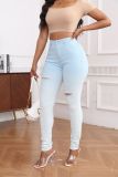 Women Fall Stretch Blue and White Gradient Ripped Denim Pant