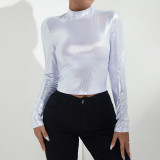Women Fall Solid Round Neck Shiny Long Sleeve Crop Top