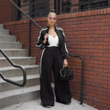 Women Autumn Striped Zipper Casual Top and Pant Set