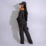 Women Autumn Solid Casual Loose strapless Top and Pant Set