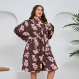 Plus Size Women long-sleeved bear printed flannel nightgown