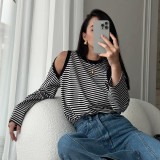 Women autumn Casual stripe Round Neck off-shoulder long-sleeved contrast color loose Top
