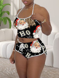 Christmas Women contrast color Halter Neck sexy Top and Shorts Set