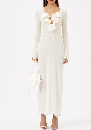 Women Flower Decoration V-Neck Long Sleeve Solid Color Slit Long Dress