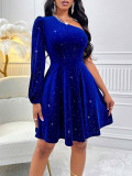 Sexy Irregular Style One Shoulder Long Sleeve Royal Blue Velvet A-Line Dress