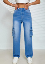 Multi-Pocket Stretch Ladies Straight Cargo Denim Pants