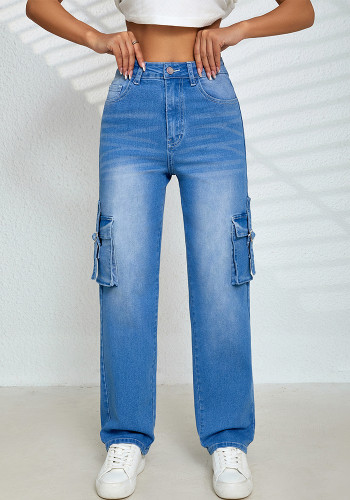 Multi-Pocket Stretch Ladies Straight Cargo Denim Pants