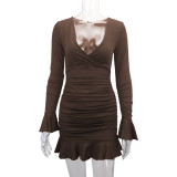 Fashion Sexy Deep V Neck Long Sleeve Ruffle Bodycon Dress