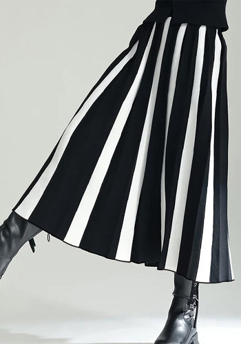 Spring Autumn Winter Knitting Color Blocking Fashion Pleated A-Line Long Skirt