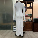 Women Flower Decoration V-Neck Long Sleeve Solid Color Slit Long Dress