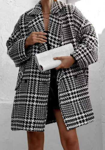 Autumn Winter Houndstooth Woolen Coat
