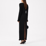 Women Flower Decoration V-Neck Long Sleeve Solid Color Slit Long Dress