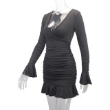 Fashion Sexy Deep V Neck Long Sleeve Ruffle Bodycon Dress