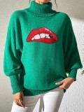 Autumn Winter Women's Sequin Lips Embroidery Turtleneck Pullover Sweater