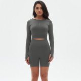 Yoga Suit Seamless Slim Running Training Sports Fitness Long Sleeve Two Piece Shorts Set