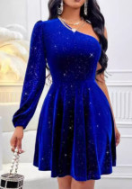 Sexy Irregular Style One Shoulder Long Sleeve Royal Blue Velvet A-Line Dress Sexy Irregular Style One Shoulder Long Sleeve Royal Blue Velvet A-Line Dress