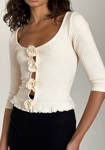 Three-Quarter Sleeve Floral Ruffle Knitting Shirt Top