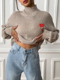 Autumn Winter Heart Embroidery Ladies Half Turtleneck Pullover Sweater