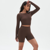 Yoga Suit Seamless Slim Running Training Sports Fitness Long Sleeve Two Piece Shorts Set