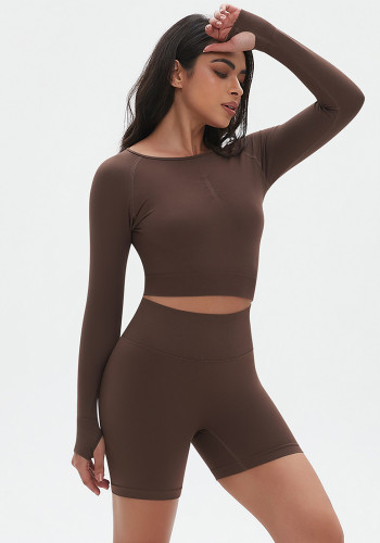 Yoga Suit Seamless Slim Running Training Sports Fitness Long Sleeve Two Piece Shorts Set