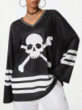 Digital Printing Loose Long-Sleeved T-Shirt Women's Pullover V-Neck Casual Top