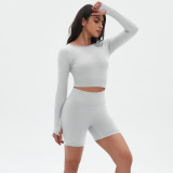 Yoga Suit Seamless Slim Running Training Sports Fitness Long Sleeve Two Piece Shorts Set
