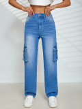 Multi-Pocket Stretch Ladies Straight Cargo Denim Pants