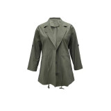 Plus Size Women's Autumn Winter Solid Turndown Collar Long Sleeve Button Long Casual Windbreaker Coat