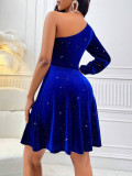 Sexy Irregular Style One Shoulder Long Sleeve Royal Blue Velvet A-Line Dress