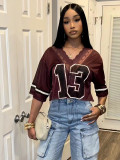 Summer Printed Jersey V-Neck Lace Sexy Loose Short T-Shirt Short-Sleeved Casual Top