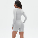 Yoga Suit Seamless Slim Running Training Sports Fitness Long Sleeve Two Piece Shorts Set