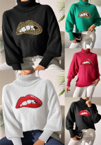 Autumn Winter Women's Sequin Lips Embroidery Turtleneck Pullover Sweater