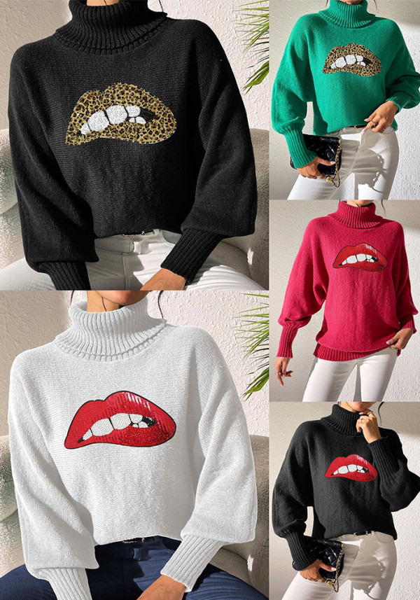 Autumn Winter Women's Sequin Lips Embroidery Turtleneck Pullover Sweater