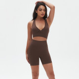 Seamless Knitting High Stretch Tight Fitting Sexy Yoga Suit Cross Tank Bra Running Fitness Shorts Two-Piece Set