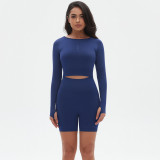 Yoga Suit Seamless Slim Running Training Sports Fitness Long Sleeve Two Piece Shorts Set