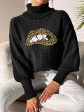 Autumn Winter Women's Sequin Lips Embroidery Turtleneck Pullover Sweater