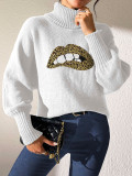 Autumn Winter Women's Sequin Lips Embroidery Turtleneck Pullover Sweater