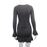 Fashion Sexy Deep V Neck Long Sleeve Ruffle Bodycon Dress