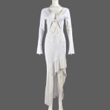 Summer Sexy Women's Clothing Long Sleeve V-Neck Lace-Up Long Dress