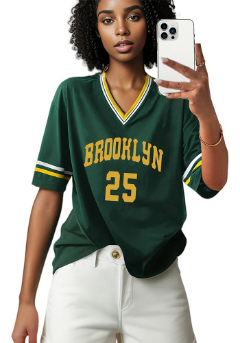 Women Striped V-neck ribbon half-sleeved sports Letter printed T-shirt