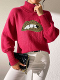 Autumn Winter Women's Sequin Lips Embroidery Turtleneck Pullover Sweater