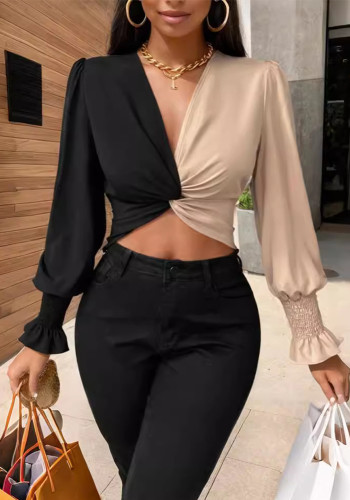 Women color block Patchwork v-neck long-sleeved color-blocked shirt