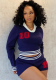 Women autumn turndown collar contrast color long-sleeved top shorts two-piece set