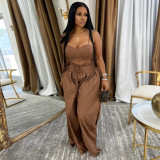 Women Plunging tank top Solid Lace-Up wide-leg pants two-piece set