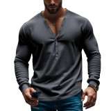 Men's American Solid long-sleeved Casual Basic Button v-neck top