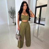 Women Plunging tank top Solid Lace-Up wide-leg pants two-piece set