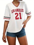 Women Striped V-neck ribbon half-sleeved Women sports los Angles printed T-shirt