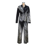Women Casual Printed Long Sleeve Shirt and Pants Two-piece Set