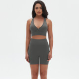 Seamless Knitting High Stretch Tight Fitting Sexy Yoga Suit Cross Tank Bra Running Fitness Shorts Two-Piece Set