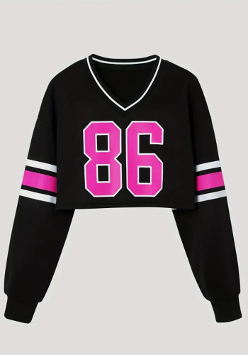 Women Casual v-neck long-sleeved Letter Crop Top